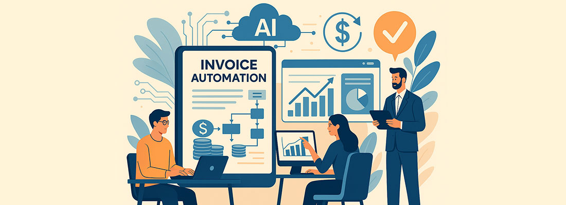 Vector illustration of a modern office scene featuring finance professionals using AI-powered invoice automation tools, digital dashboards, and real-time data visualizations to streamline accounts payable processes.