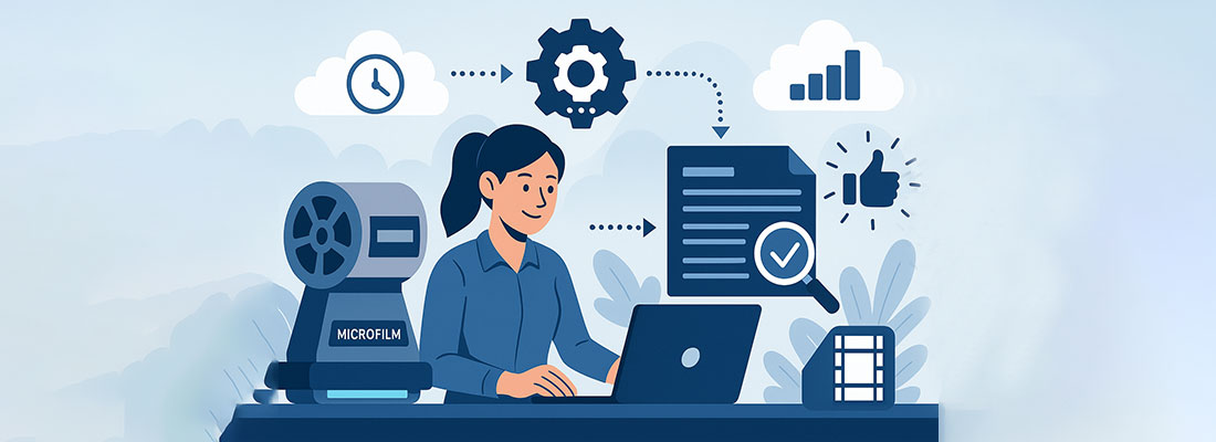 Law Enforcement Using Automated Microfilm Digitization System Illustration of a woman with dark hair in a ponytail sitting at a desk using a laptop. Surrounding her are icons representing automation benefits such as a gear, clock, checkmark document, thumbs-up, and data chart. A microfilm scanner is positioned next to the laptop, and the background features soft plant shapes and blue tones, conveying efficiency and digital workflow.