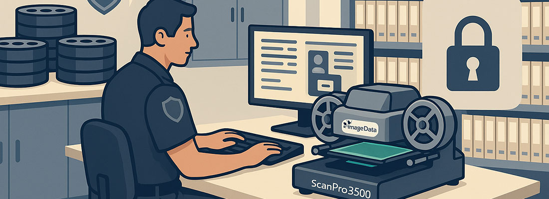 Secure In-House Microfilm Digitization in Law Enforcement Vector illustration of a police officer digitizing microfilm using a ScanPro All-In-One scanner in a secure law enforcement records room. The scene includes surveillance cameras, organized file storage, and a large lock icon symbolizing data security.